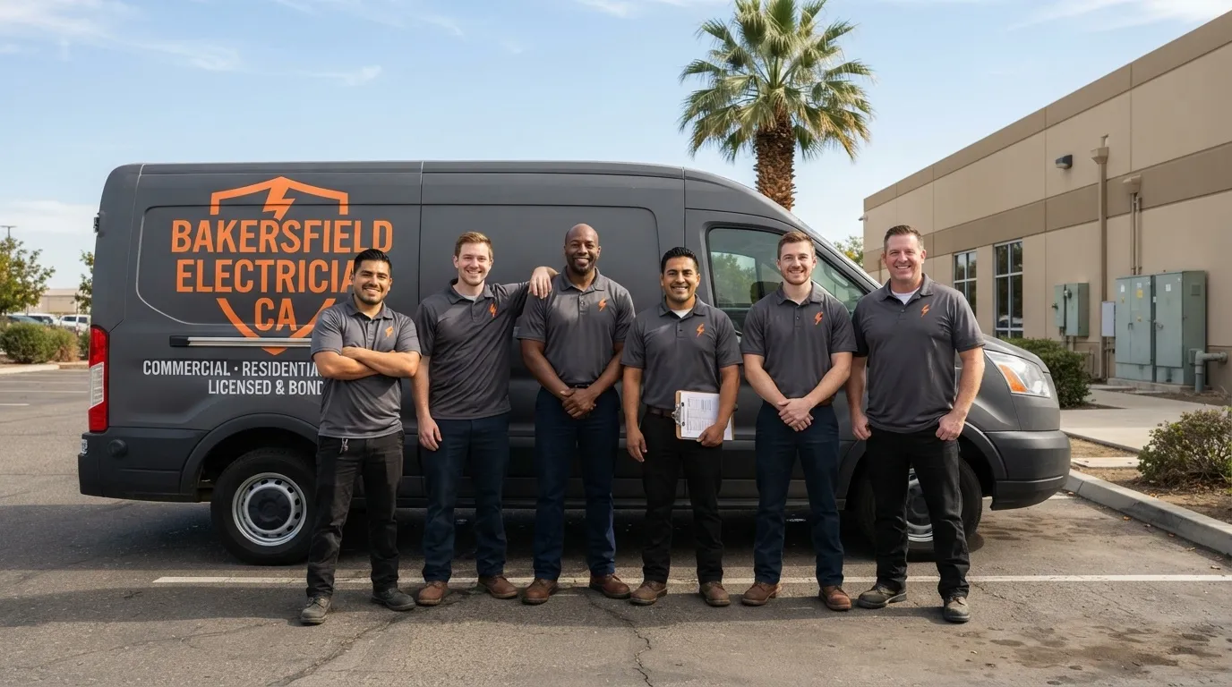 Licensed electrician team standing in front of service van in Bakersfield, CA