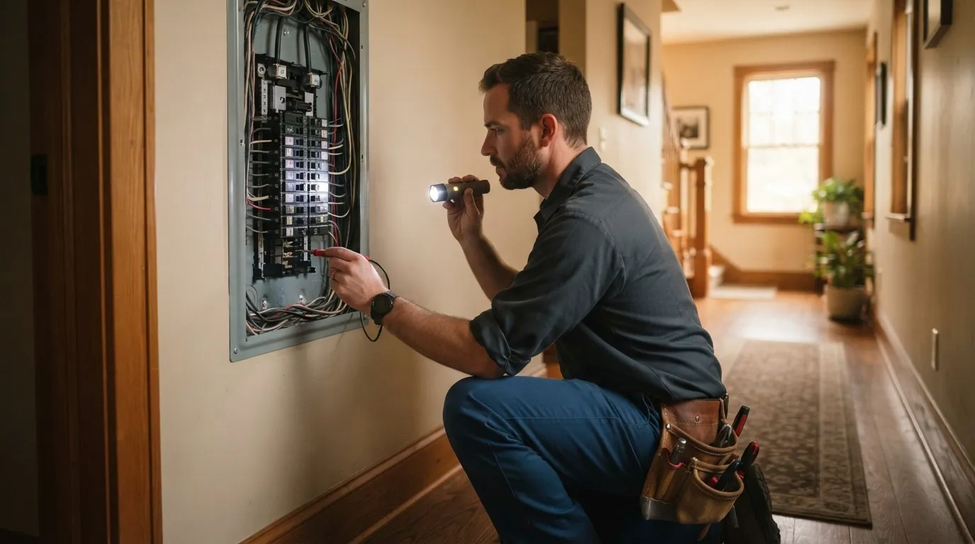 Licensed residential electrician working in a Bakersfield home